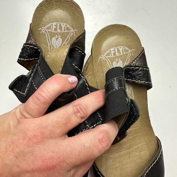 FLY London Imat Leather ColorBlock Metallic/Brown  AnkleStrap Wedge Sandal 7.5-8 - Picture 13 of 16